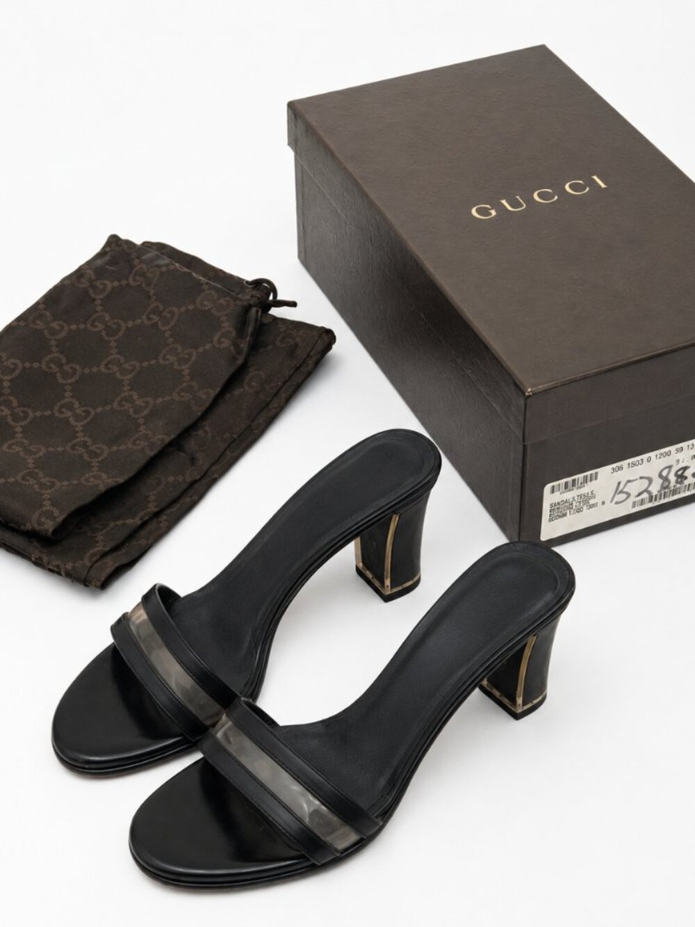 Tom Ford Gucci black leather sandals with clear lucite heels size 8.5 with box